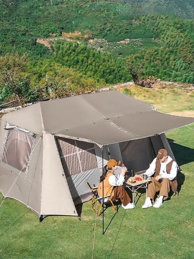 Çift katmanlı zirve tasarımlı dört mevsim çadırı, 16.3 metrekare, dış ölçüler: 430*380*220 cm.